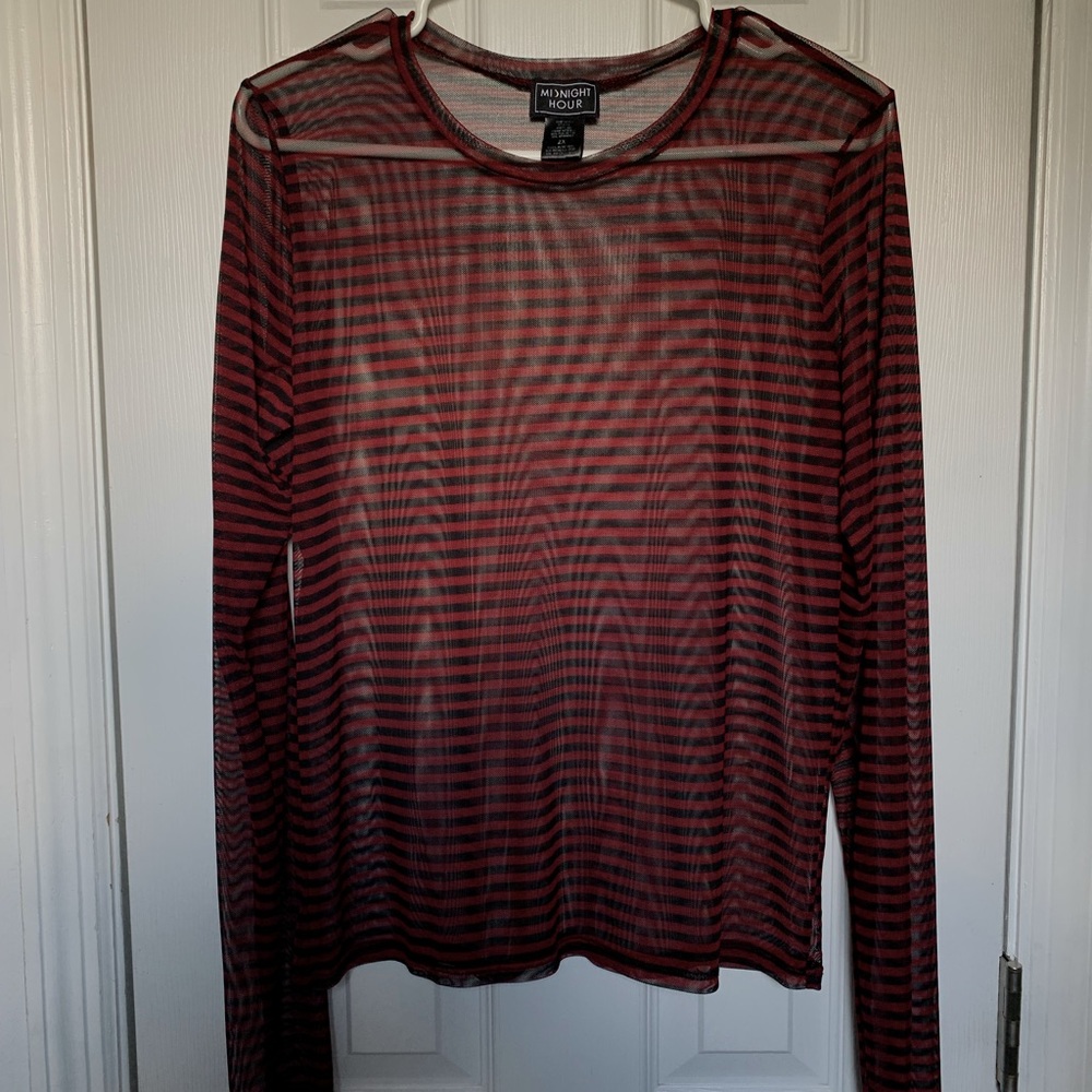 midnight hour red and black stripe mesh shirt approx size large